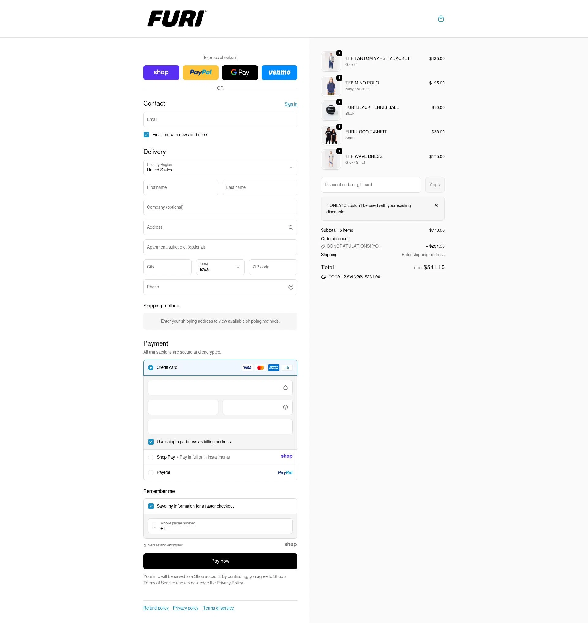 Furi Sport checkout page showing Furi Sport promo code box | Screenshot taken by SimplyCodes community member on Dec 24, 2025