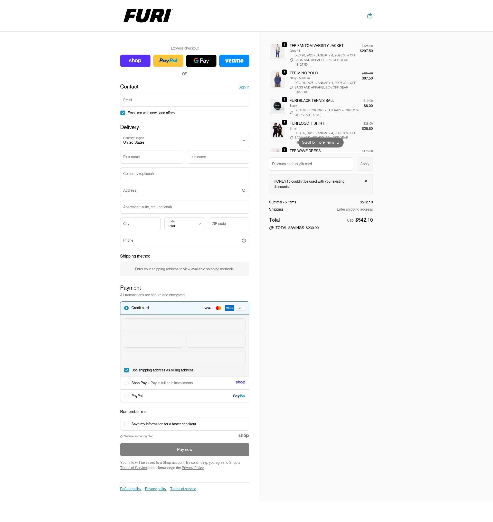 Furi Sport checkout page showing Furi Sport promo code box | Screenshot taken by SimplyCodes community member on Dec 29, 2025