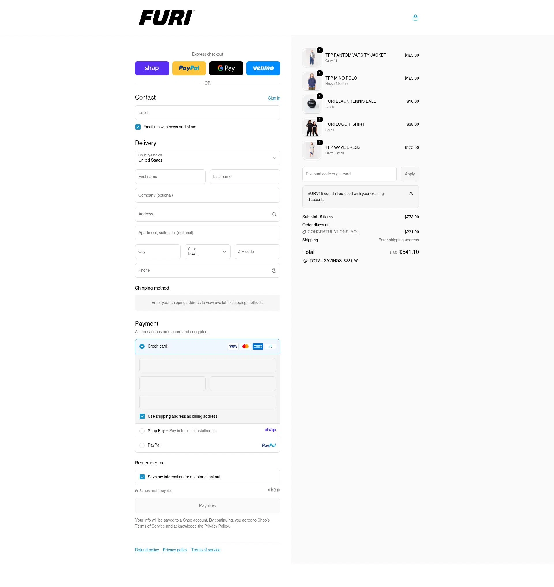 Furi Sport checkout page showing Furi Sport promo code box | Screenshot taken by SimplyCodes community member on Dec 24, 2025