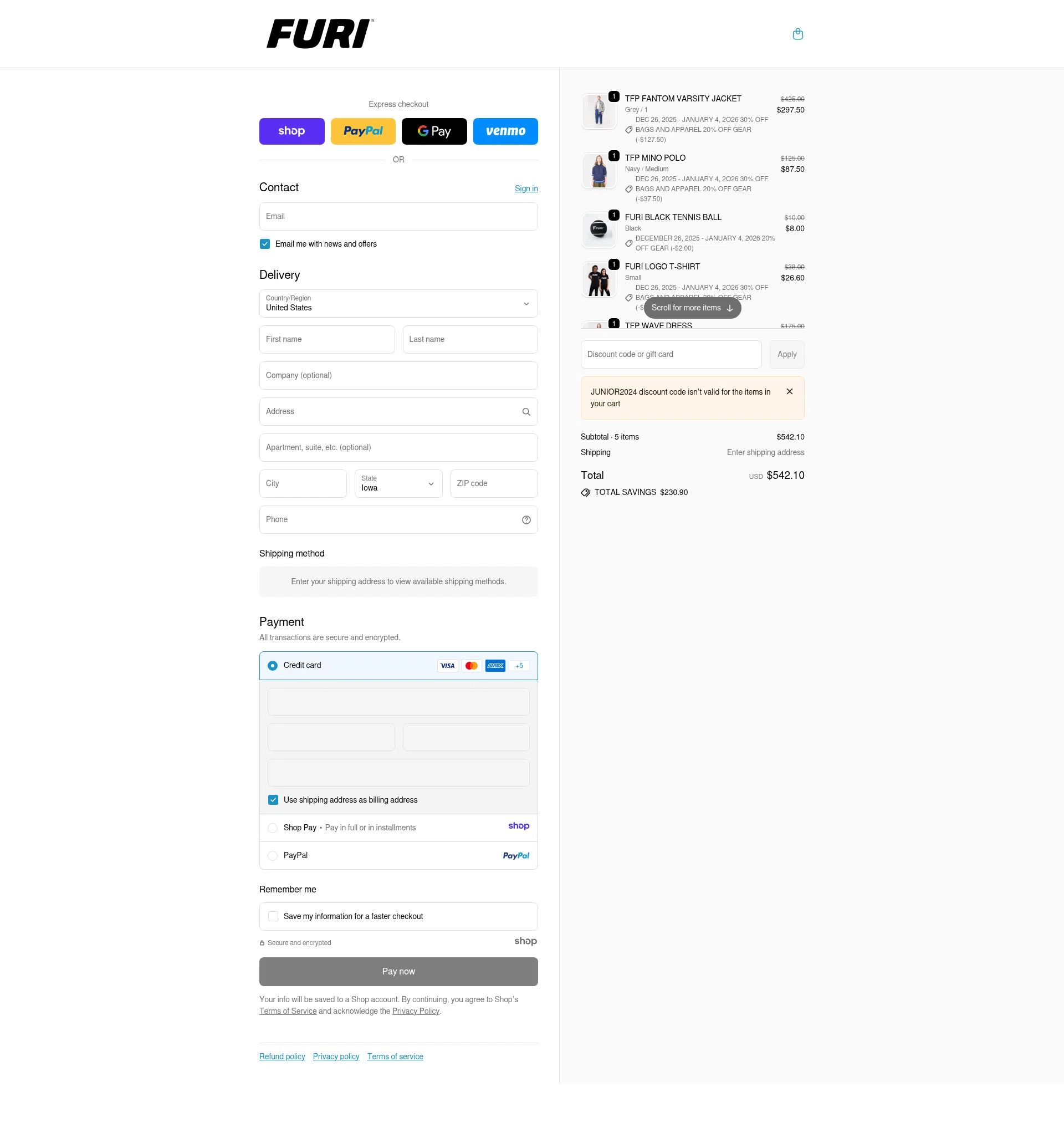 Furi Sport checkout page showing Furi Sport promo code box | Screenshot taken by SimplyCodes community member on Dec 29, 2025