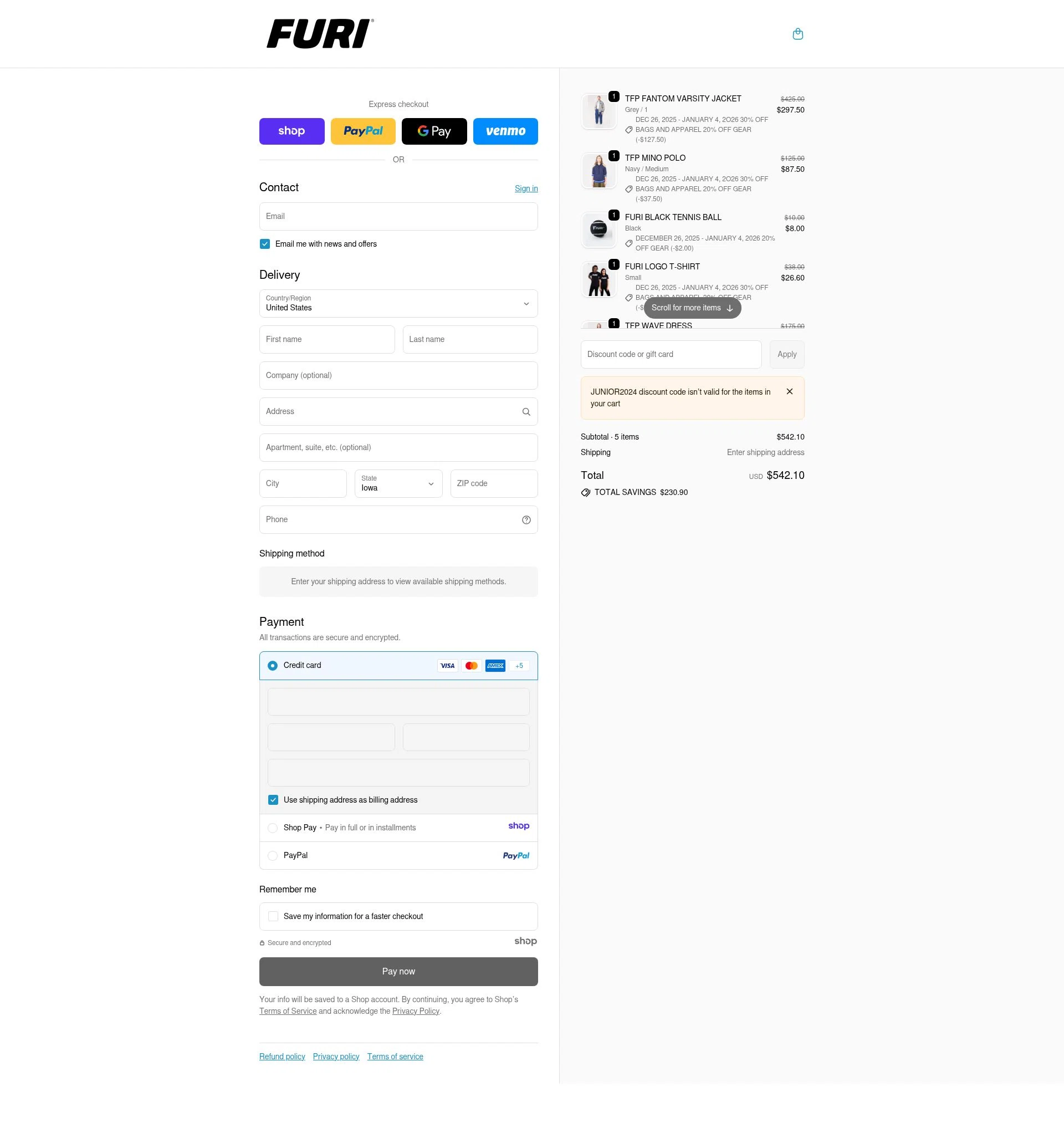 Furi Sport checkout page showing Furi Sport promo code box | Screenshot taken by SimplyCodes community member on Jan 3, 2026