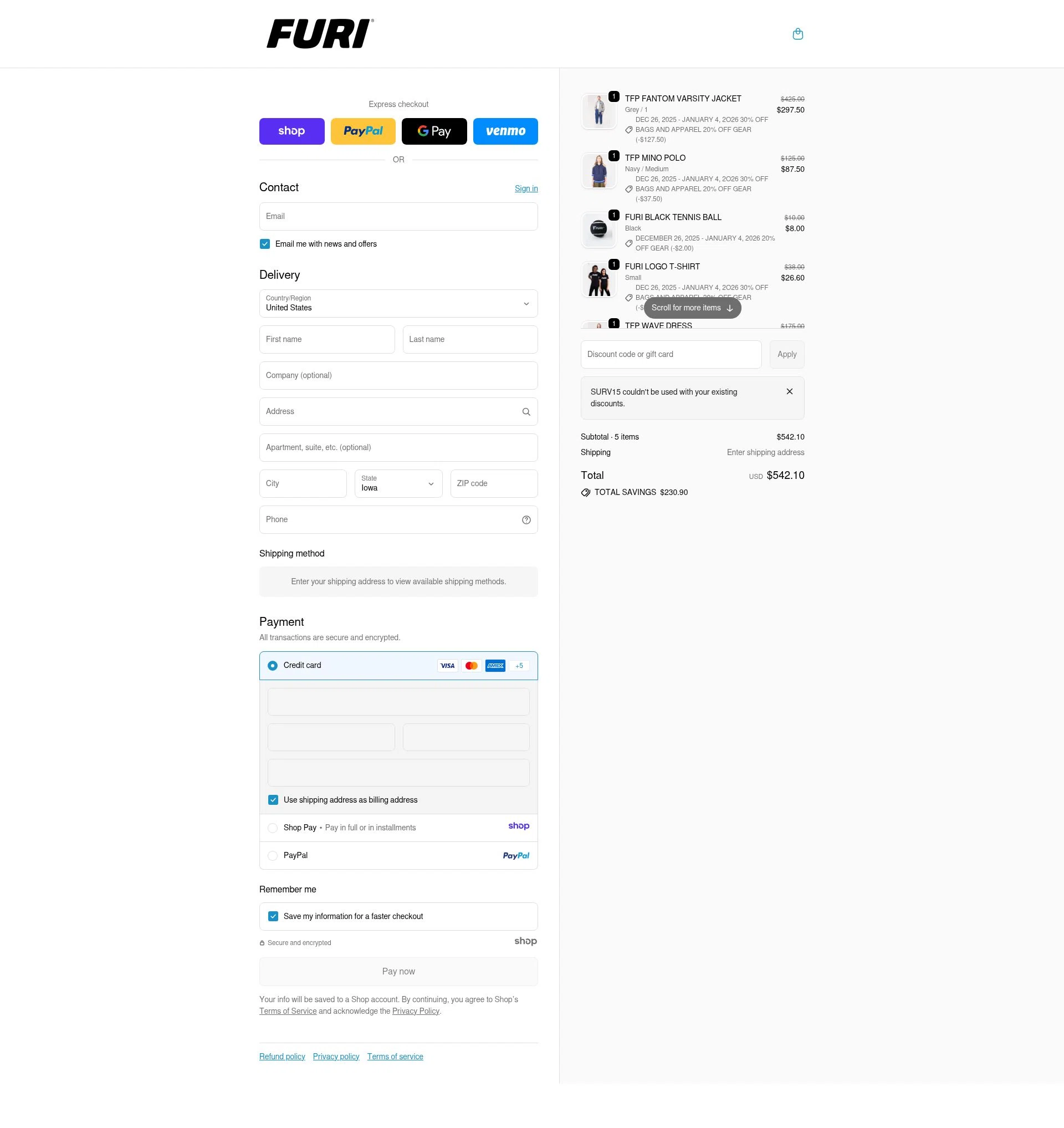 Furi Sport checkout page showing Furi Sport promo code box | Screenshot taken by SimplyCodes community member on Dec 29, 2025