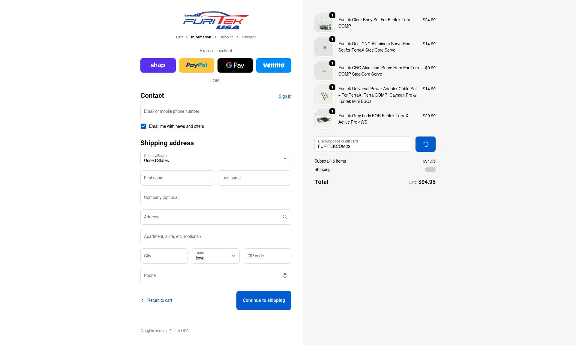 Furitek USA checkout page showing Furitek USA discount code box | Screenshot taken by SimplyCodes community member on Jan 31, 2026