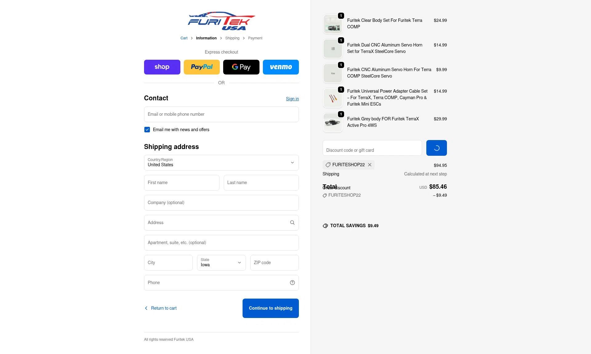 Furitek USA checkout page showing Furitek USA discount code box | Screenshot taken by SimplyCodes community member on Feb 4, 2026