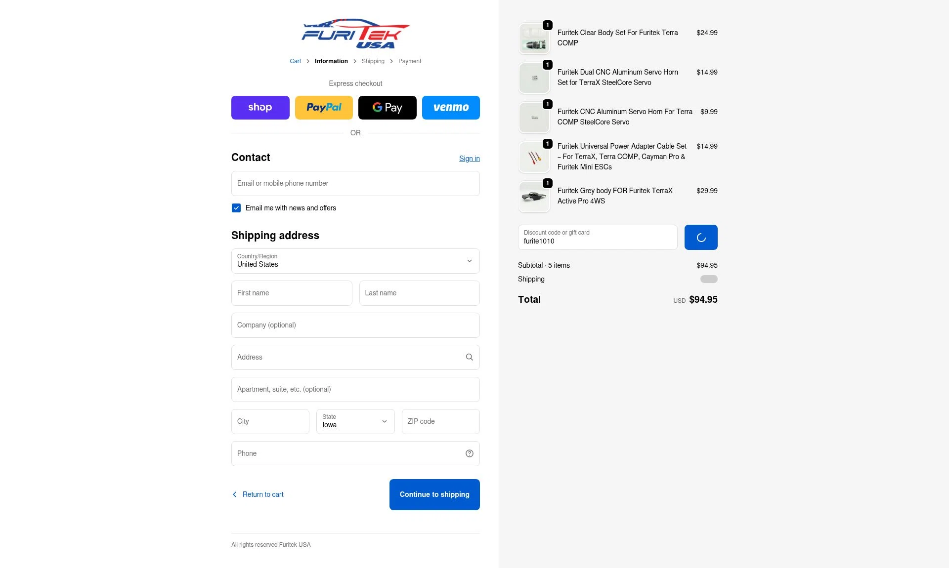 Furitek USA checkout page showing Furitek USA discount code box | Screenshot taken by SimplyCodes community member on Feb 4, 2026