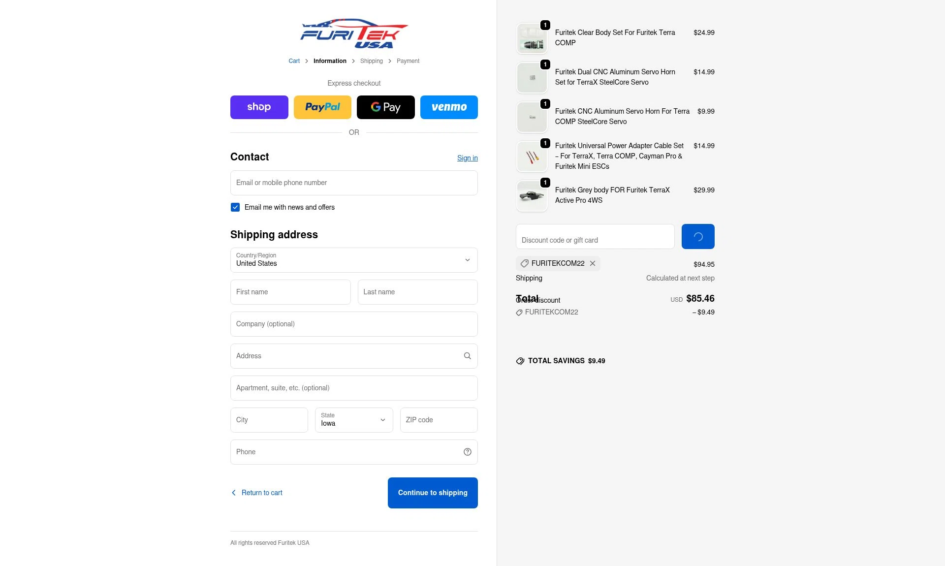 Furitek USA checkout page showing Furitek USA discount code box | Screenshot taken by SimplyCodes community member on Feb 4, 2026