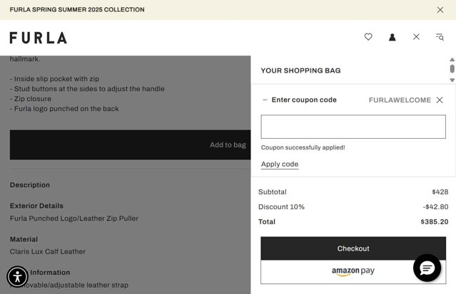 Furla checkout page showing Furla coupon code box | Screenshot taken by SimplyCodes community member on May 20, 2025