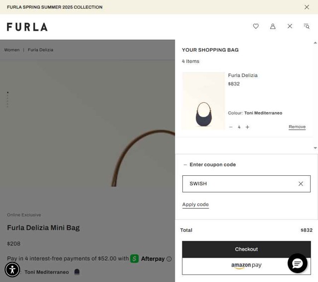 Furla checkout page showing Furla coupon code box | Screenshot taken by SimplyCodes community member on Jul 2, 2025
