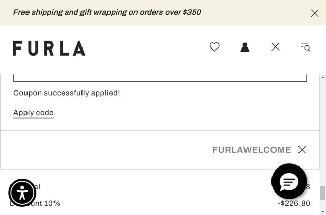 Furla checkout page showing Furla coupon code box | Screenshot taken by SimplyCodes community member on May 20, 2025