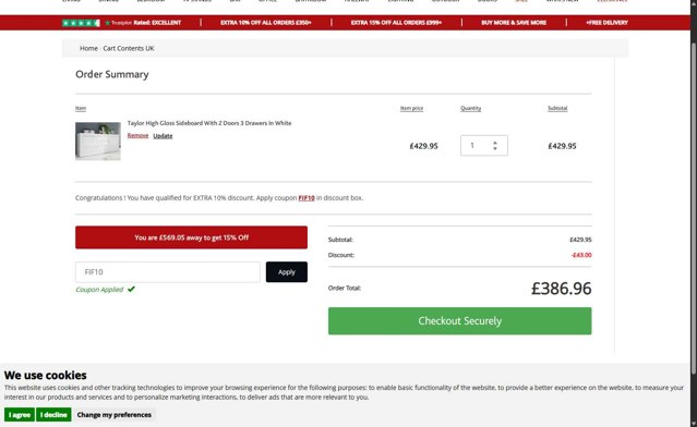 Furniture In Fashion checkout page showing Furniture In Fashion promo code box | Screenshot taken by SimplyCodes community member on Jul 22, 2025