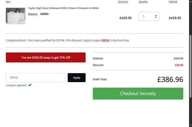 Furniture In Fashion checkout page showing Furniture In Fashion promo code box | Screenshot taken by SimplyCodes community member on Aug 5, 2025