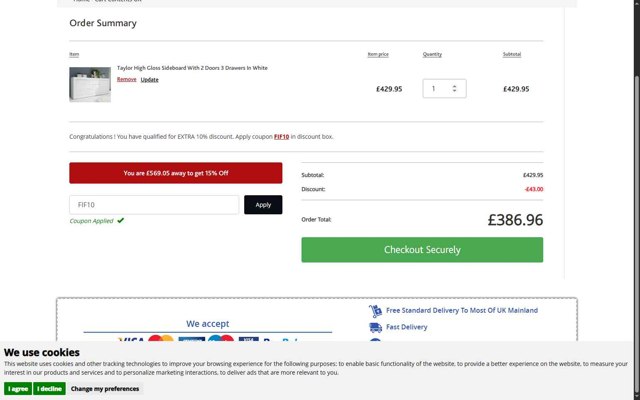 Furniture In Fashion checkout page showing Furniture In Fashion promo code box | Screenshot taken by SimplyCodes community member on Jul 22, 2025