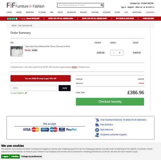 Furniture In Fashion checkout page showing Furniture In Fashion promo code box | Screenshot taken by SimplyCodes community member on Jul 22, 2025