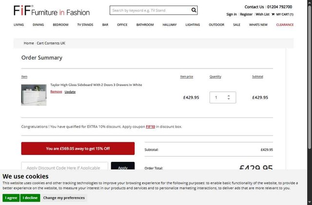Furniture In Fashion checkout page showing Furniture In Fashion promo code box | Screenshot taken by SimplyCodes community member on Aug 16, 2025