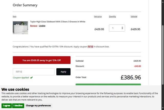 Furniture In Fashion checkout page showing Furniture In Fashion promo code box | Screenshot taken by SimplyCodes community member on Jul 22, 2025