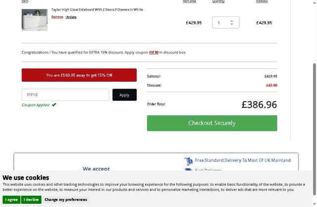 Furniture In Fashion checkout page showing Furniture In Fashion promo code box | Screenshot taken by SimplyCodes community member on Jul 22, 2025