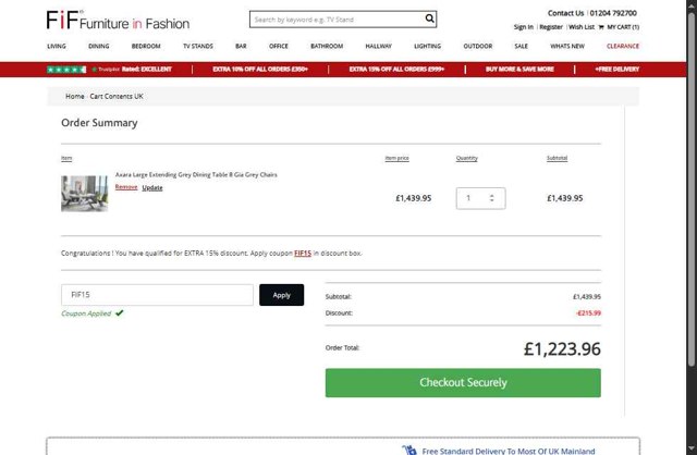 Furniture In Fashion checkout page showing Furniture In Fashion promo code box | Screenshot taken by SimplyCodes community member on Aug 5, 2025