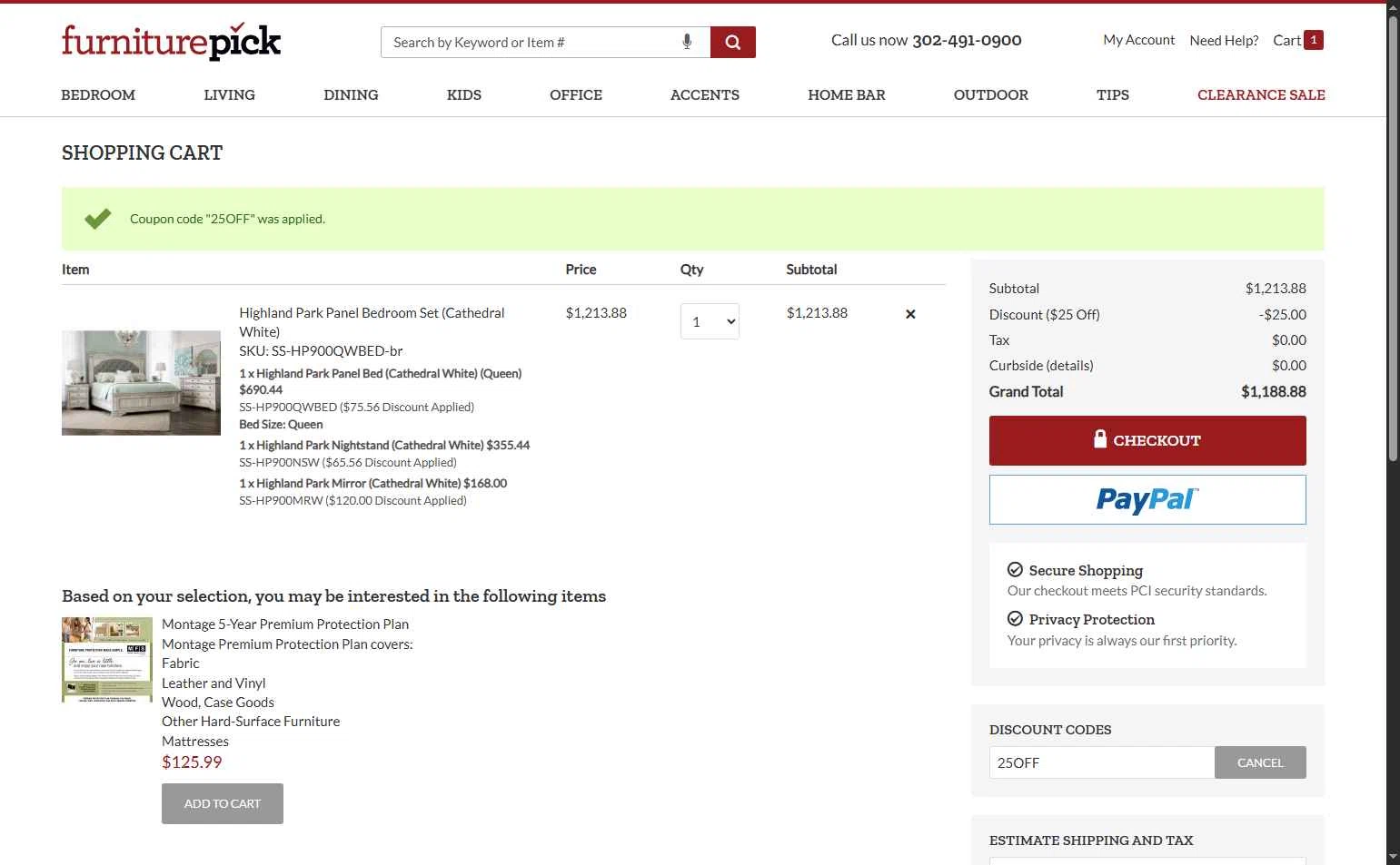 FurniturePick checkout page showing FurniturePick coupon code box | Screenshot taken by SimplyCodes community member on Oct 18, 2025