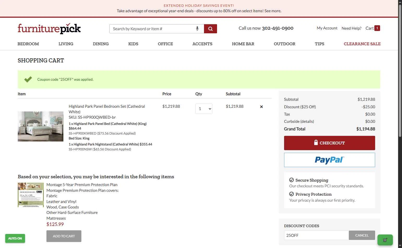 FurniturePick checkout page showing FurniturePick coupon code box | Screenshot taken by SimplyCodes community member on Dec 15, 2025