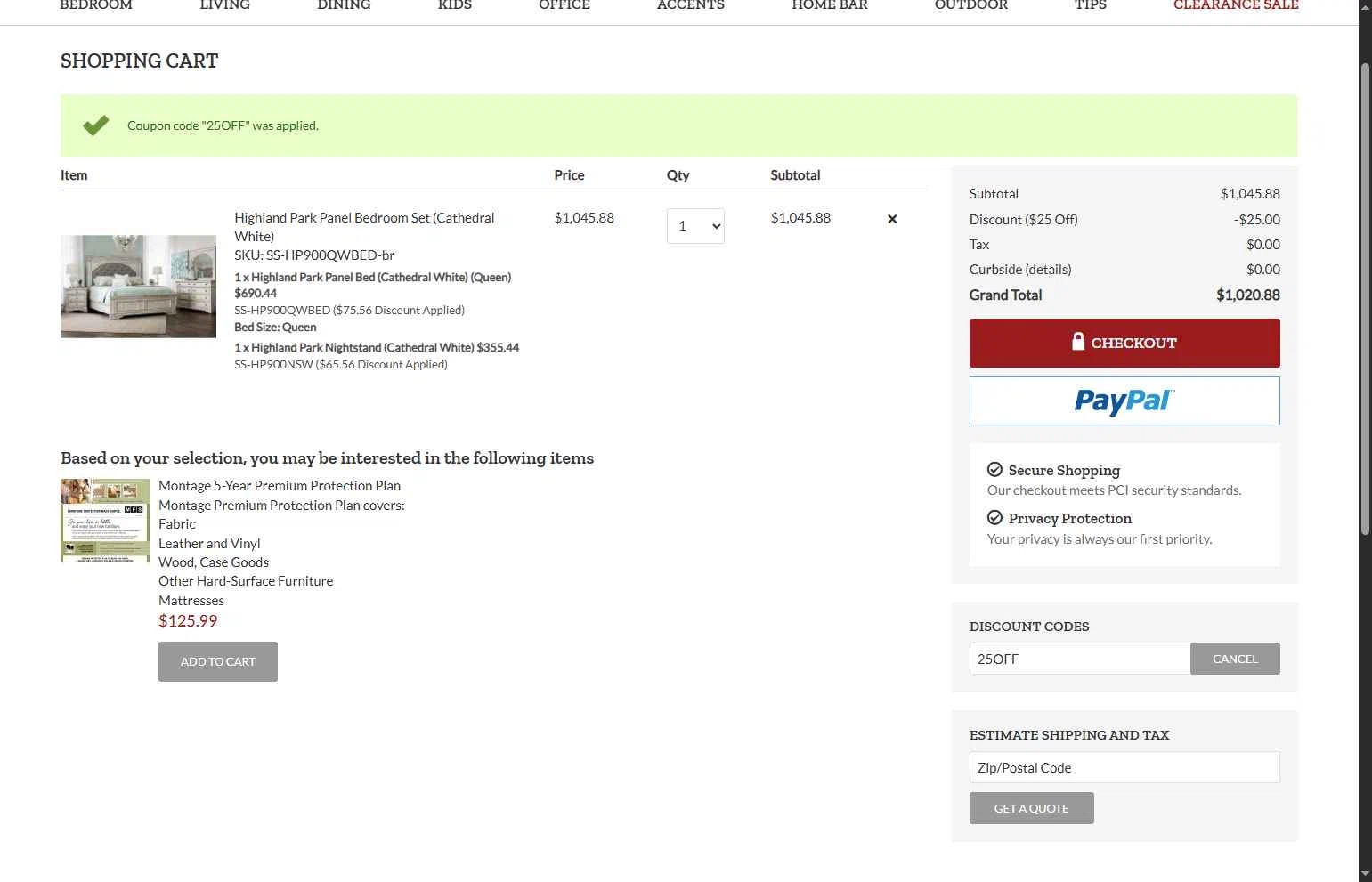 FurniturePick checkout page showing FurniturePick coupon code box | Screenshot taken by SimplyCodes community member on Oct 18, 2025