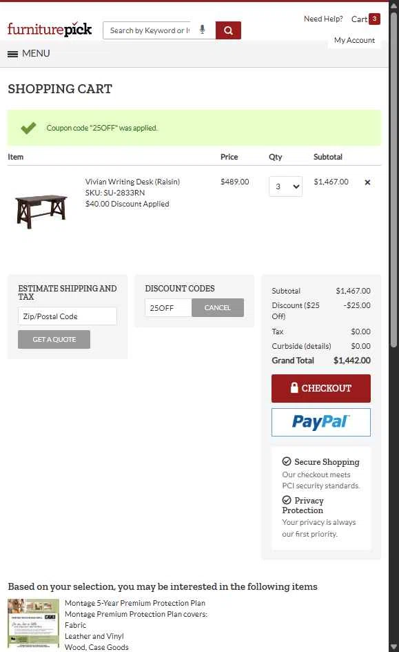 FurniturePick checkout page showing FurniturePick coupon code box | Screenshot taken by SimplyCodes community member on Aug 1, 2025
