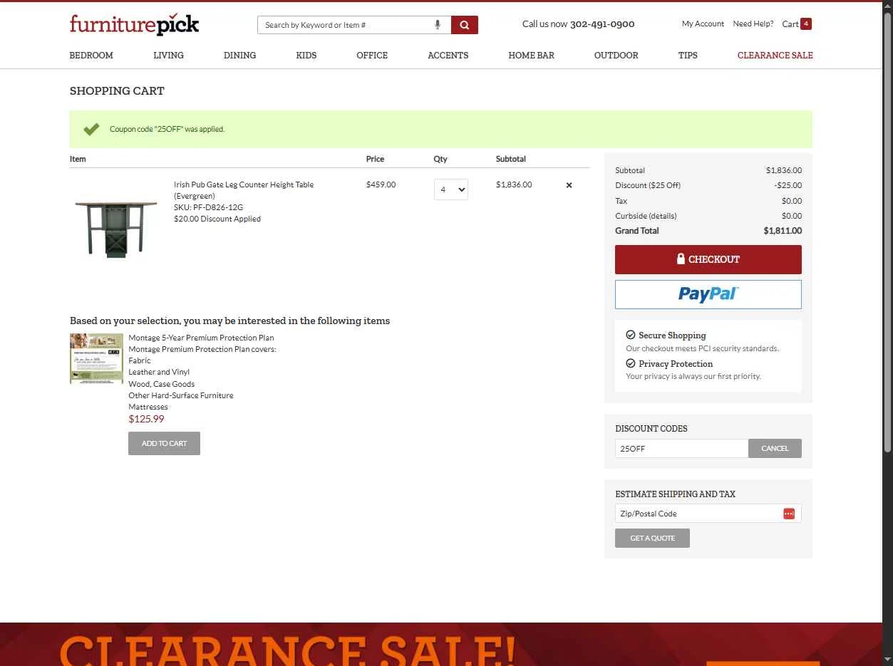 FurniturePick checkout page showing FurniturePick coupon code box | Screenshot taken by SimplyCodes community member on Aug 30, 2025