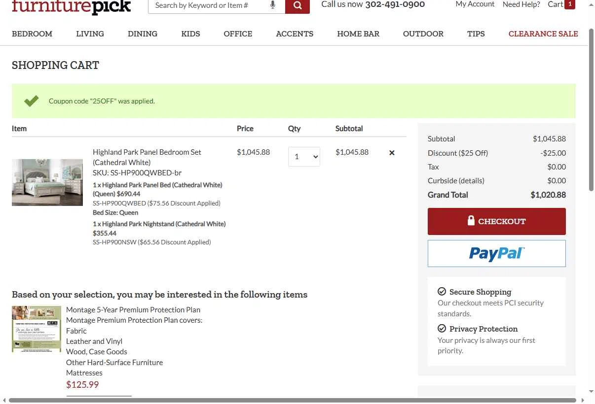 FurniturePick checkout page showing FurniturePick coupon code box | Screenshot taken by SimplyCodes community member on Nov 16, 2025