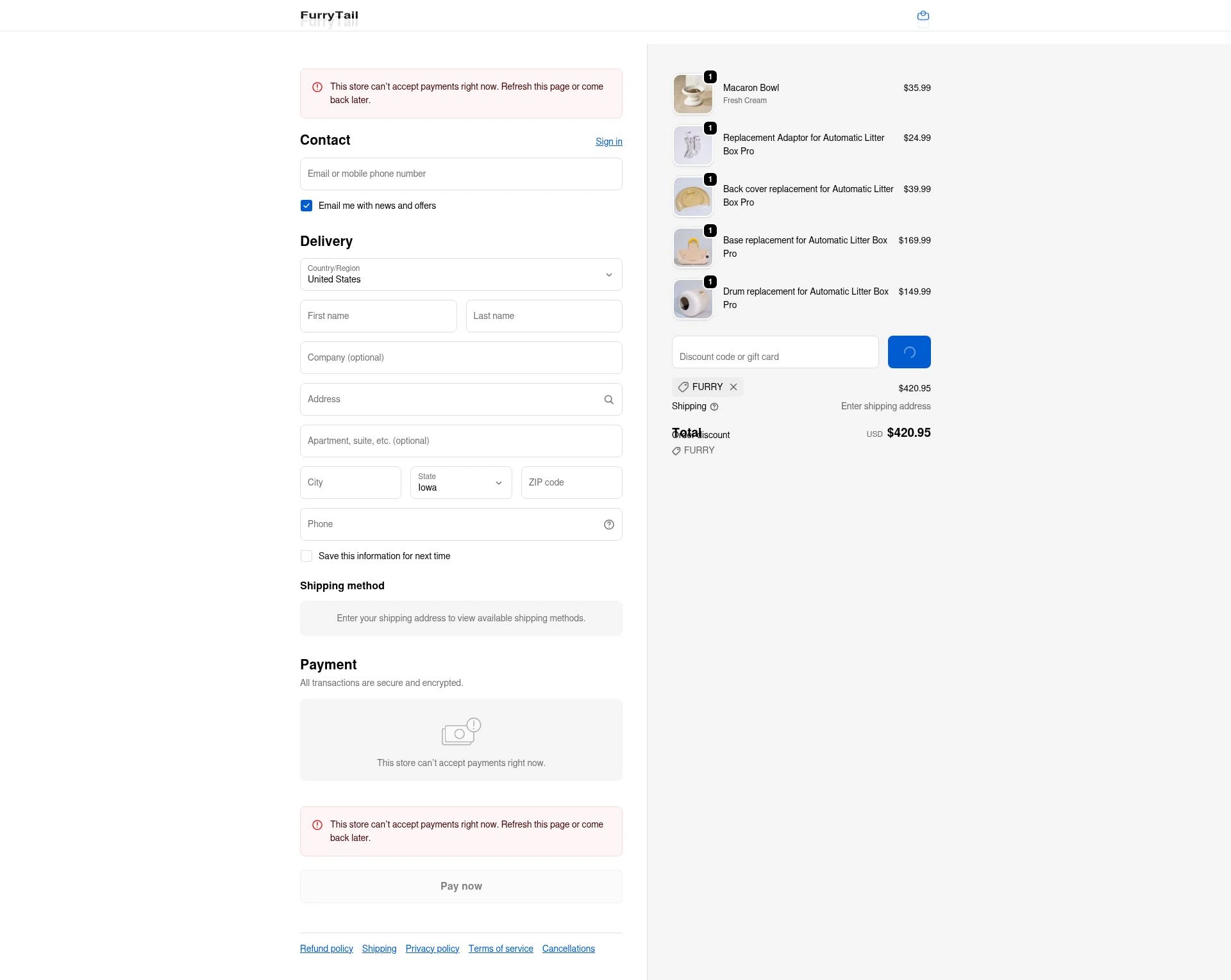 FurryTail checkout page showing FurryTail discount code box | Screenshot taken by SimplyCodes community member on Feb 6, 2026