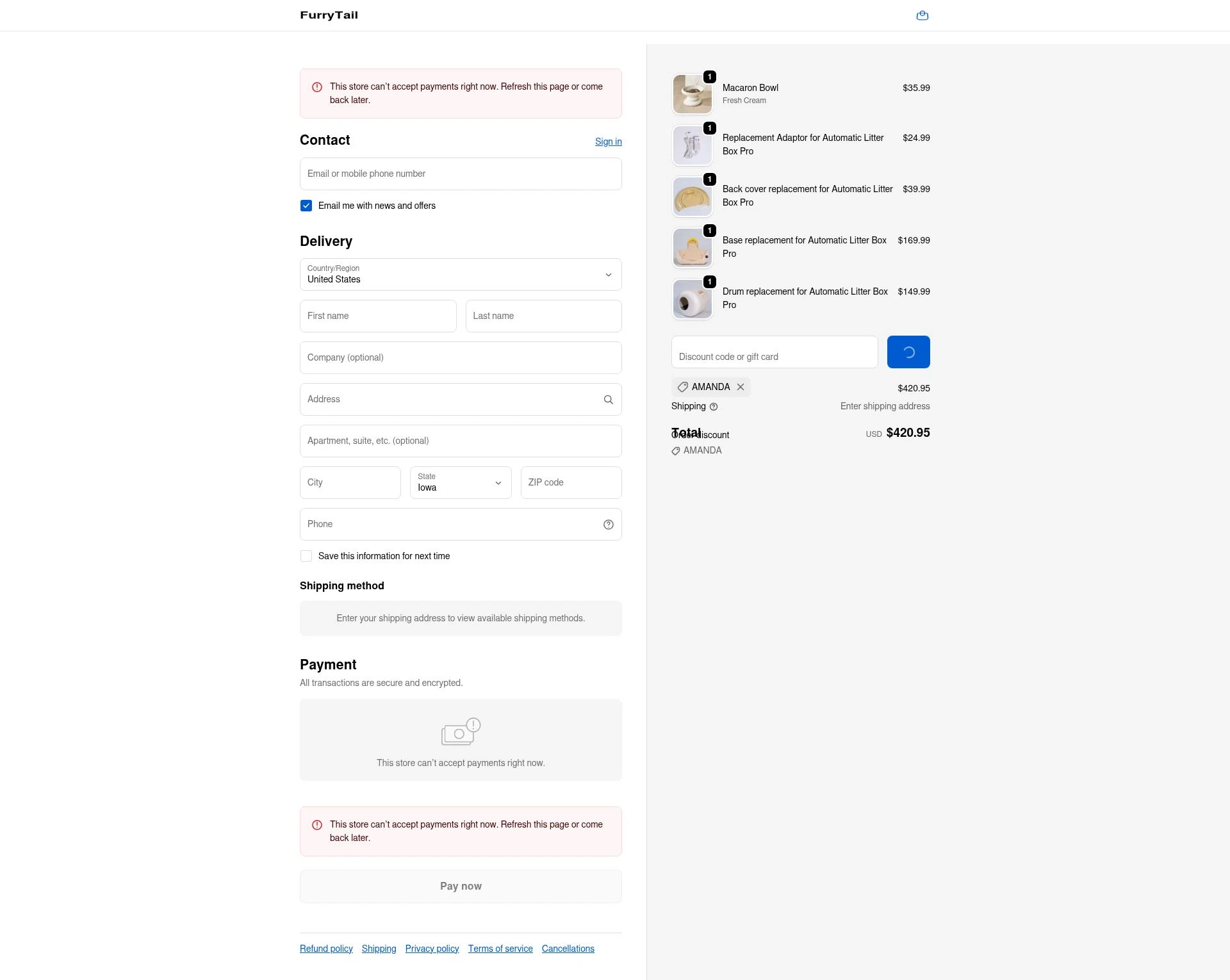 FurryTail checkout page showing FurryTail discount code box | Screenshot taken by SimplyCodes community member on Feb 6, 2026