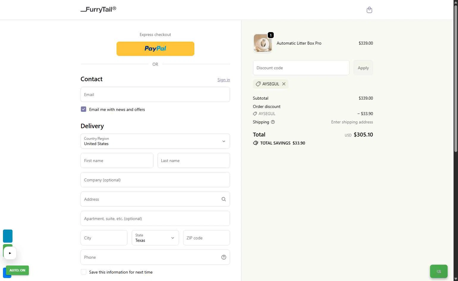 FurryTail checkout page showing FurryTail discount code box | Screenshot taken by SimplyCodes community member on Feb 6, 2026