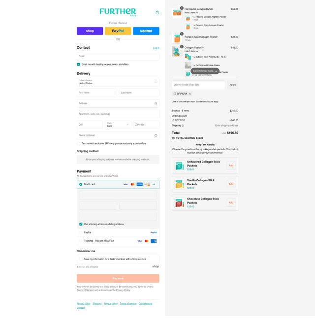 Further Food checkout page showing Further Food discount code box | Screenshot taken by SimplyCodes community member on Sep 7, 2025
