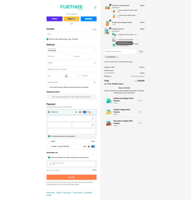 Further Food checkout page showing Further Food discount code box | Screenshot taken by SimplyCodes community member on Sep 7, 2025