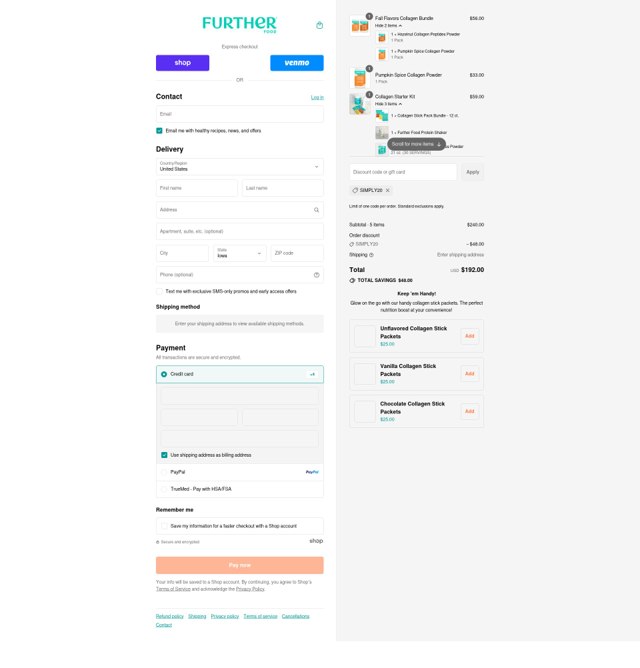 Further Food checkout page showing Further Food discount code box | Screenshot taken by SimplyCodes community member on Sep 7, 2025