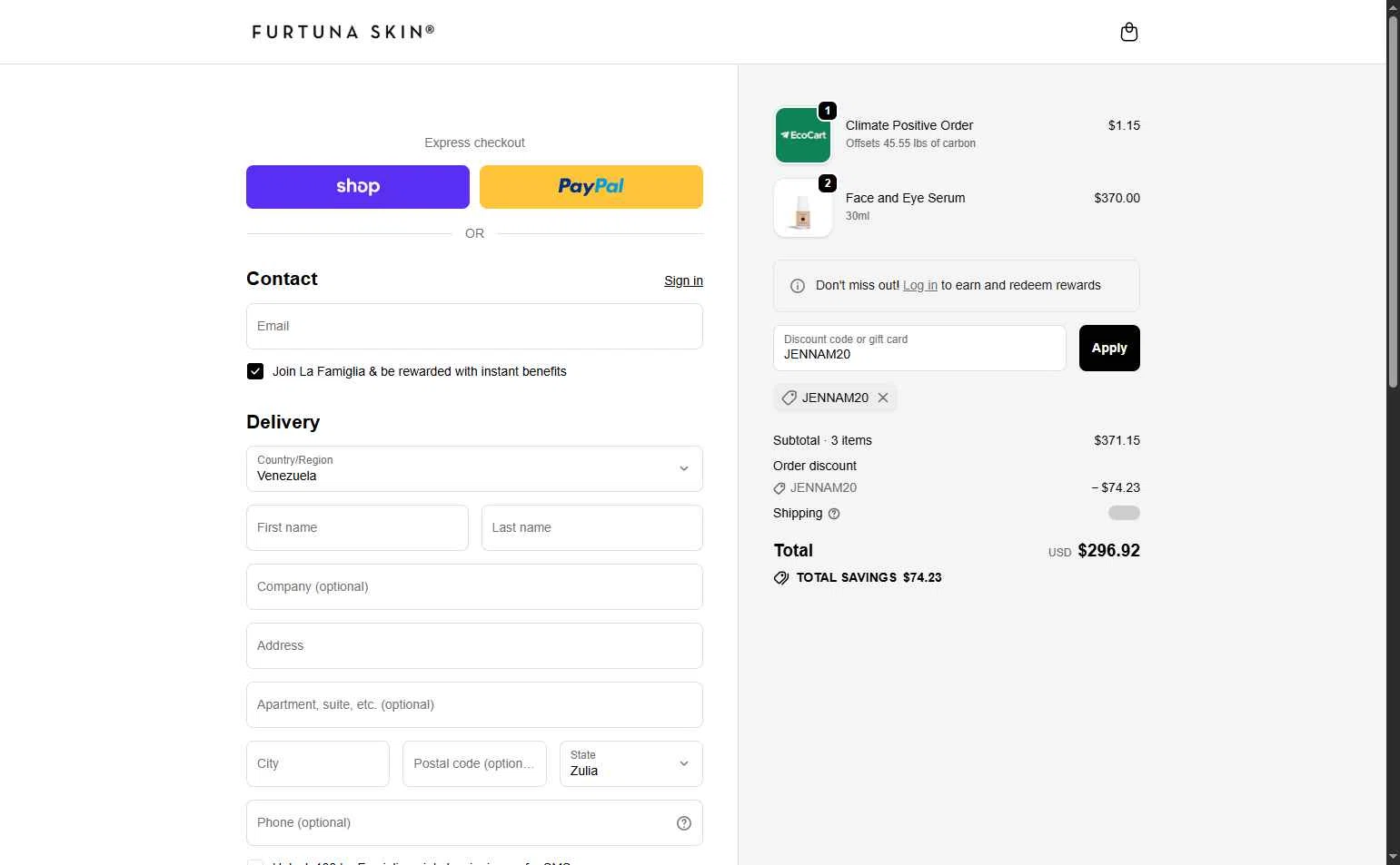 Furtuna Skin checkout page showing Furtuna Skin discount code box | Screenshot taken by SimplyCodes community member on Dec 31, 2025