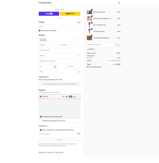 Fuse Bead Store checkout page showing Fuse Bead Store discount code box | Screenshot taken by SimplyCodes community member on Jul 30, 2025