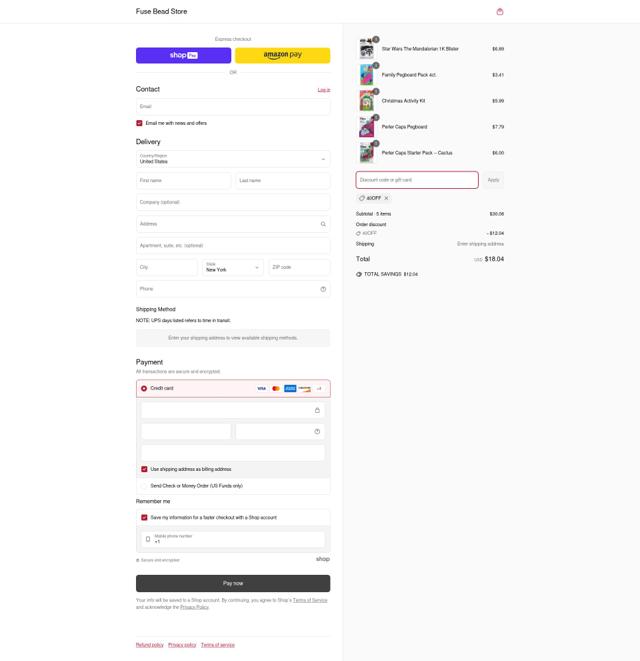 Fuse Bead Store checkout page showing Fuse Bead Store discount code box | Screenshot taken by SimplyCodes community member on Jun 17, 2025