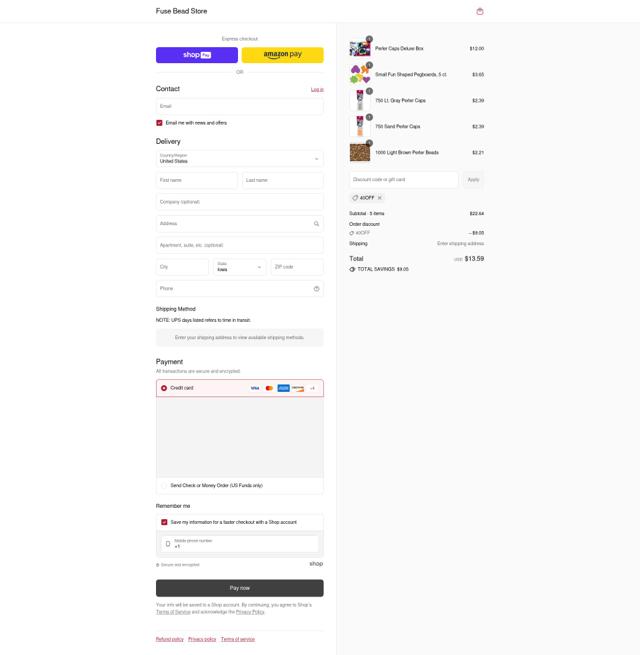 Fuse Bead Store checkout page showing Fuse Bead Store discount code box | Screenshot taken by SimplyCodes community member on Aug 3, 2025