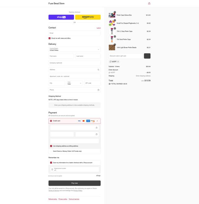 Fuse Bead Store checkout page showing Fuse Bead Store discount code box | Screenshot taken by SimplyCodes community member on Jul 26, 2025