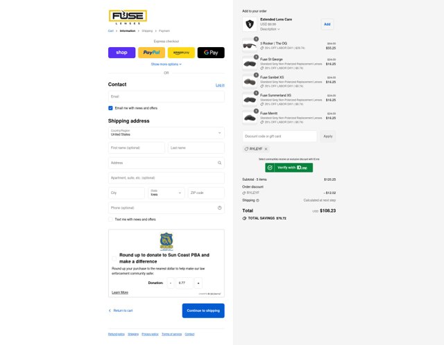 Fuse Lenses checkout page showing Fuse Lenses discount code box | Screenshot taken by SimplyCodes community member on Sep 2, 2025