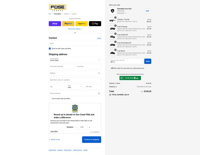 Fuse Lenses checkout page showing Fuse Lenses discount code box | Screenshot taken by SimplyCodes community member on Sep 2, 2025