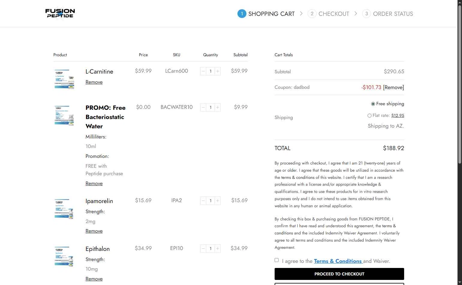 Fusion Peptide checkout page showing Fusion Peptide promo code box | Screenshot taken by SimplyCodes community member on Nov 25, 2025