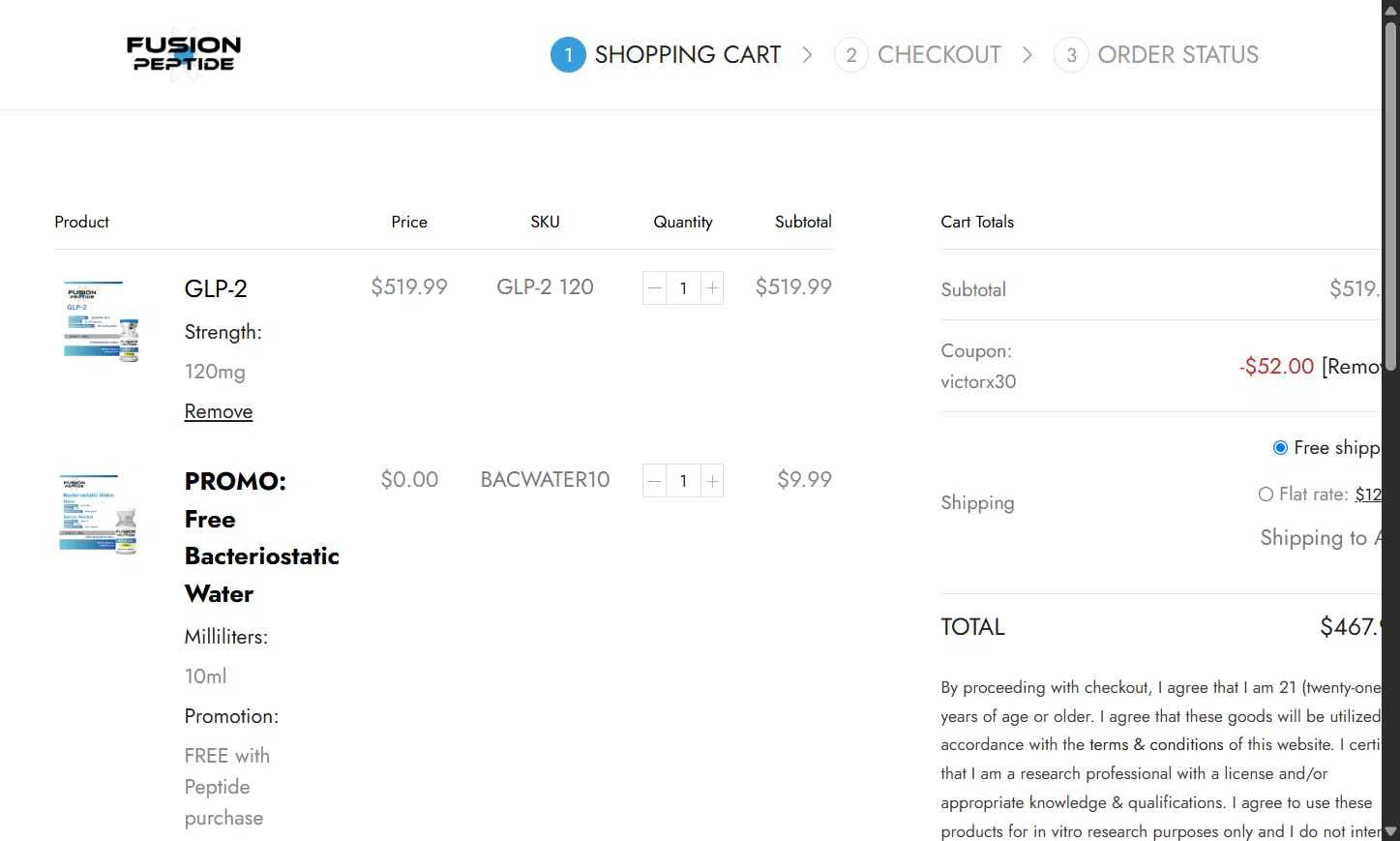 Fusion Peptide checkout page showing Fusion Peptide promo code box | Screenshot taken by SimplyCodes community member on Oct 9, 2025