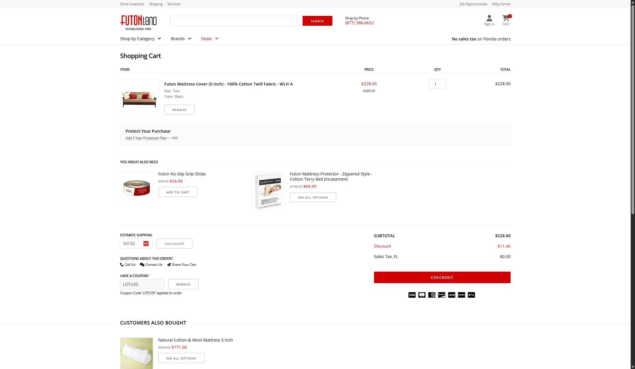 FutonLand checkout page showing FutonLand promo code box | Screenshot taken by SimplyCodes community member on Jan 1, 2026