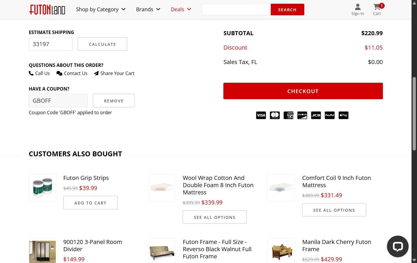 FutonLand checkout page showing FutonLand promo code box | Screenshot taken by SimplyCodes community member on Nov 17, 2025