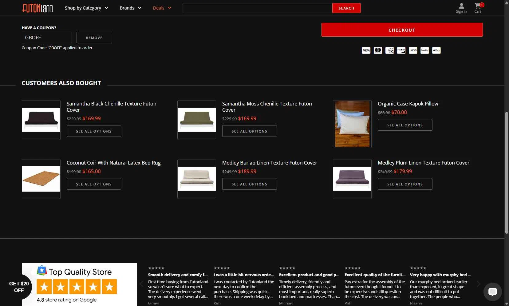FutonLand checkout page showing FutonLand promo code box | Screenshot taken by SimplyCodes community member on Oct 19, 2025