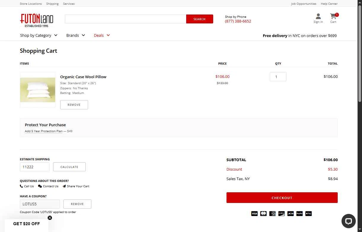 FutonLand checkout page showing FutonLand promo code box | Screenshot taken by SimplyCodes community member on Dec 20, 2025