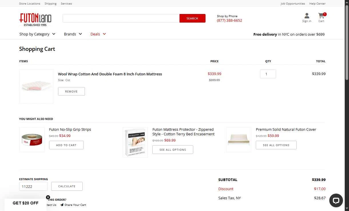 FutonLand checkout page showing FutonLand promo code box | Screenshot taken by SimplyCodes community member on Dec 16, 2025