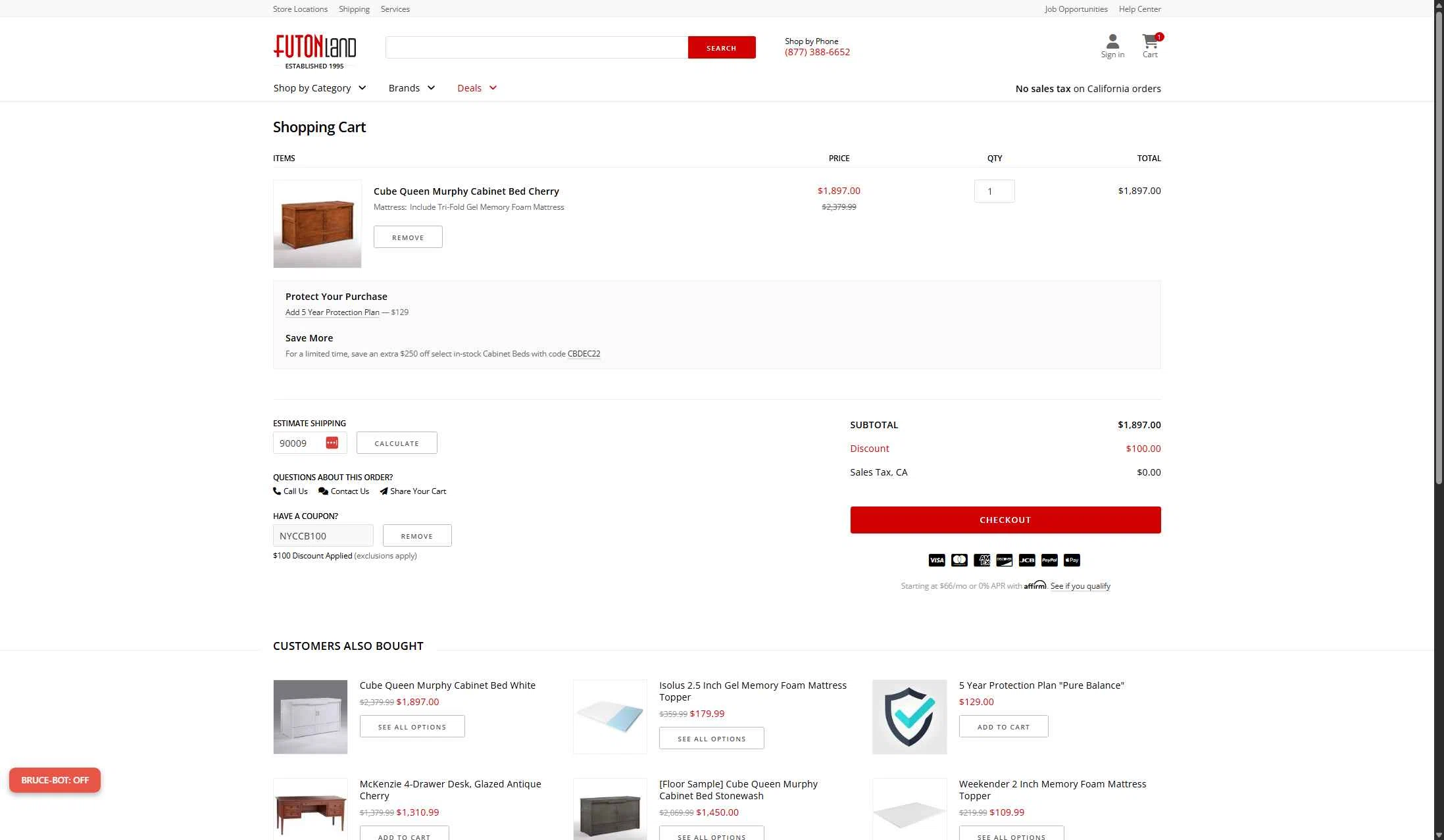 FutonLand checkout page showing FutonLand promo code box | Screenshot taken by SimplyCodes community member on Jan 1, 2026