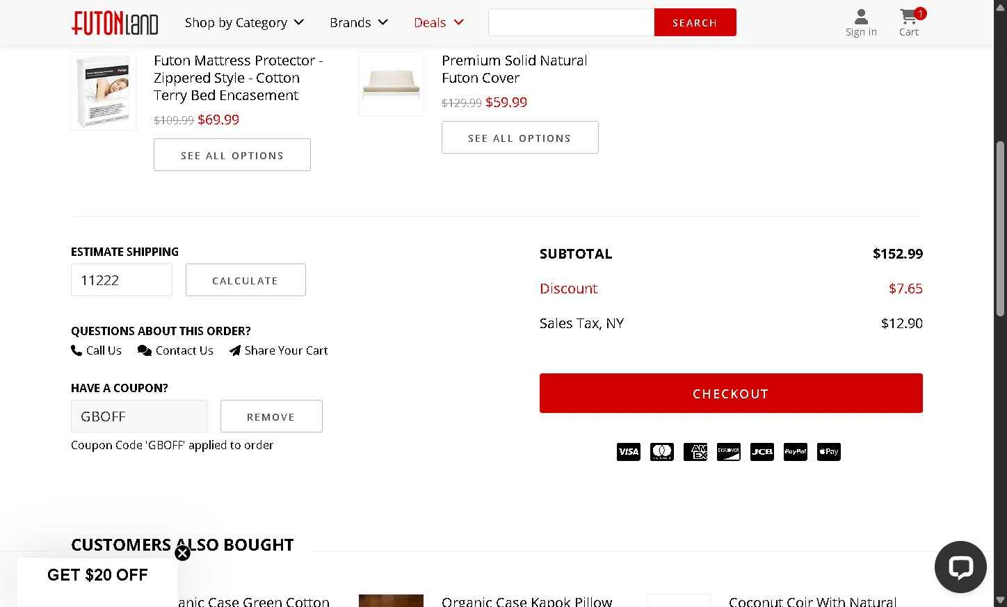 FutonLand checkout page showing FutonLand promo code box | Screenshot taken by SimplyCodes community member on Dec 20, 2025