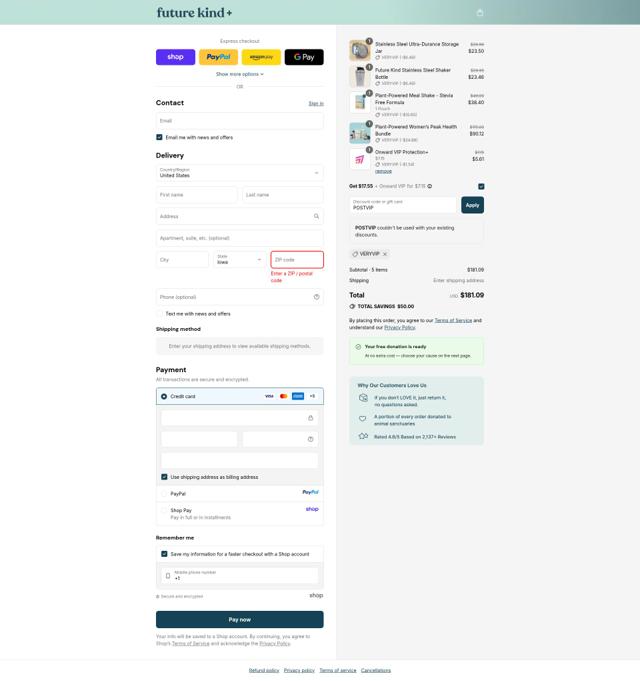 Future Kind checkout page showing Future Kind discount code box | Screenshot taken by SimplyCodes community member on Sep 10, 2025